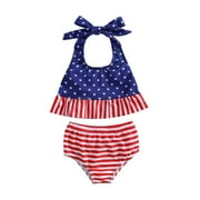 Kids Girls Summer Independence Day Print Butterfly Knot Tops And Shorts 2PCS Swimwear Beach Swimsuit Bikini Lovely Beachwear, Red, 0-6 Months